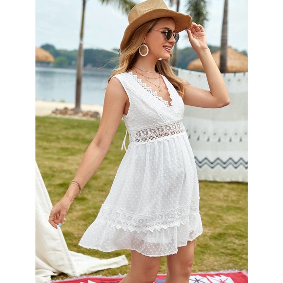 Maternity Swiss Dot Contract Lace Tie Back Ruffle tank mini Dress white - Picture 3 of 5